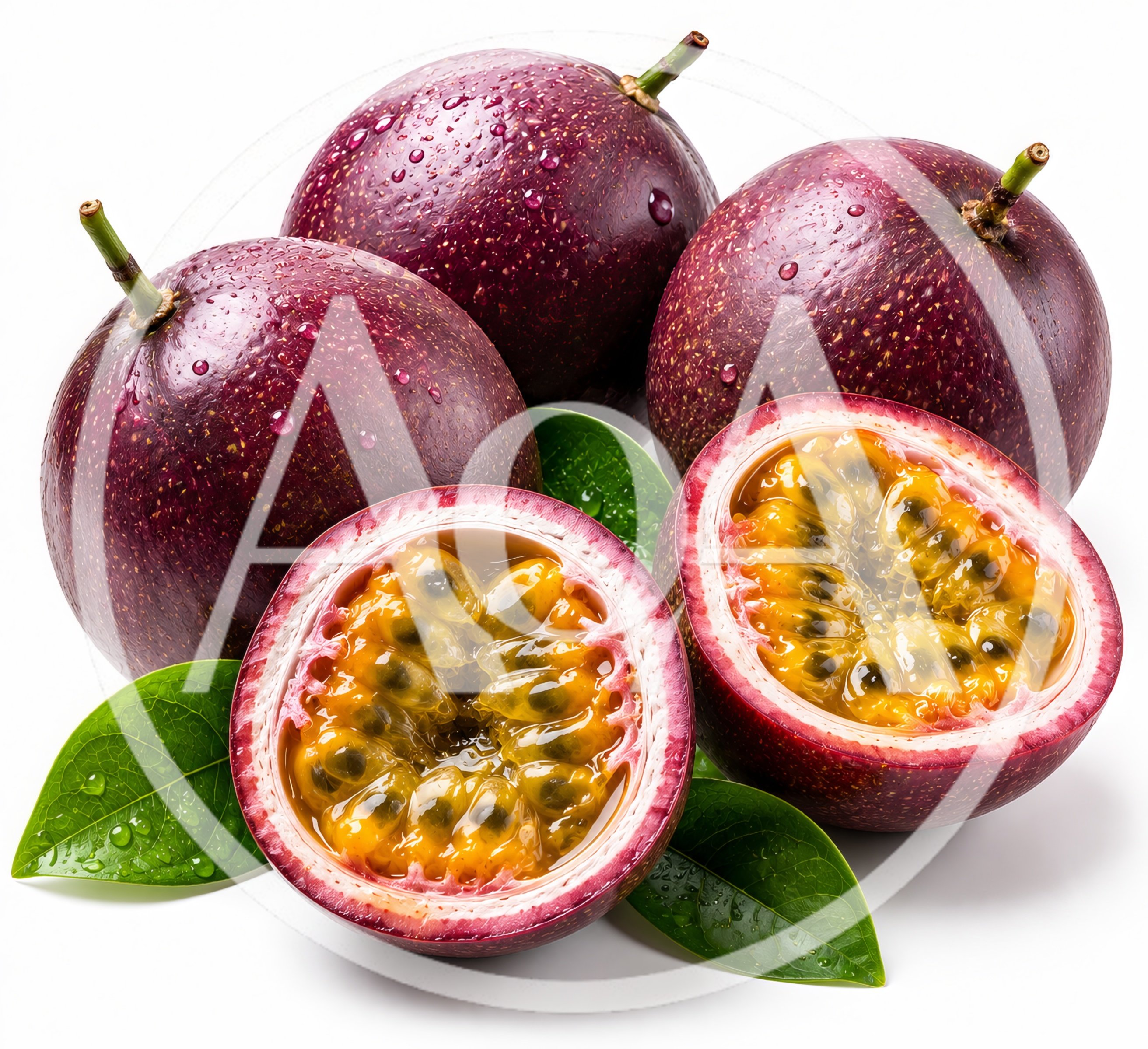 Fresh Whole And Halved Passion Fruits With Leaves
