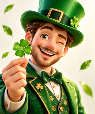 Cheerful Leprechaun Character Holding A Four Leaf Clover