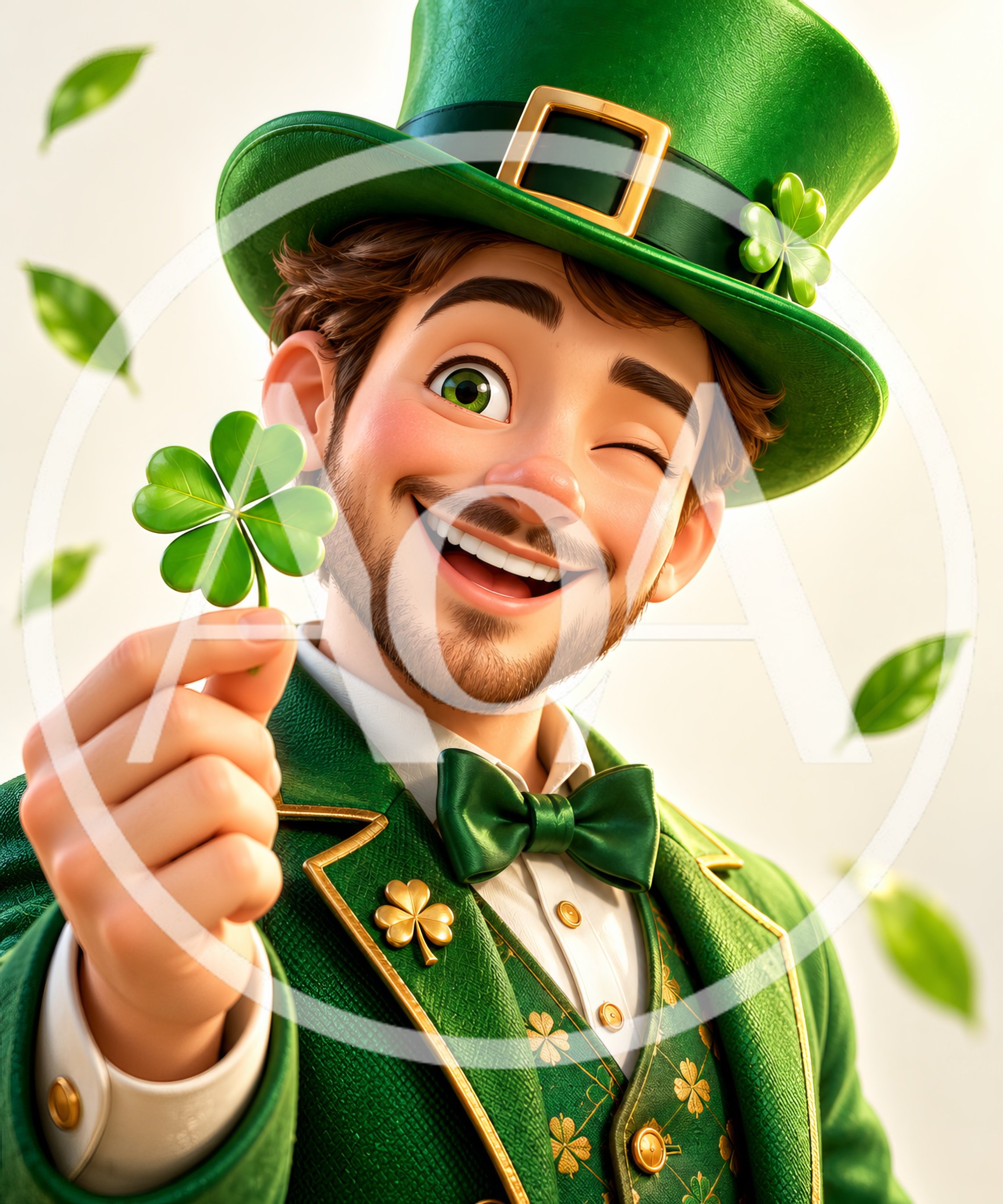 Cheerful Leprechaun Character Holding A Four Leaf Clover