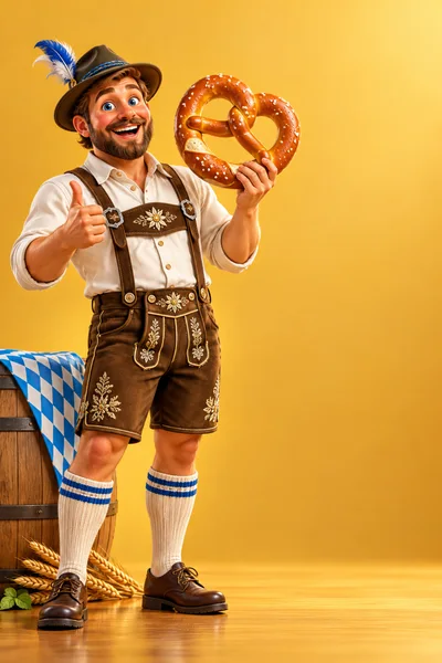 Happy Man in Traditional Bavarian Lederhosen Holding Pretzel