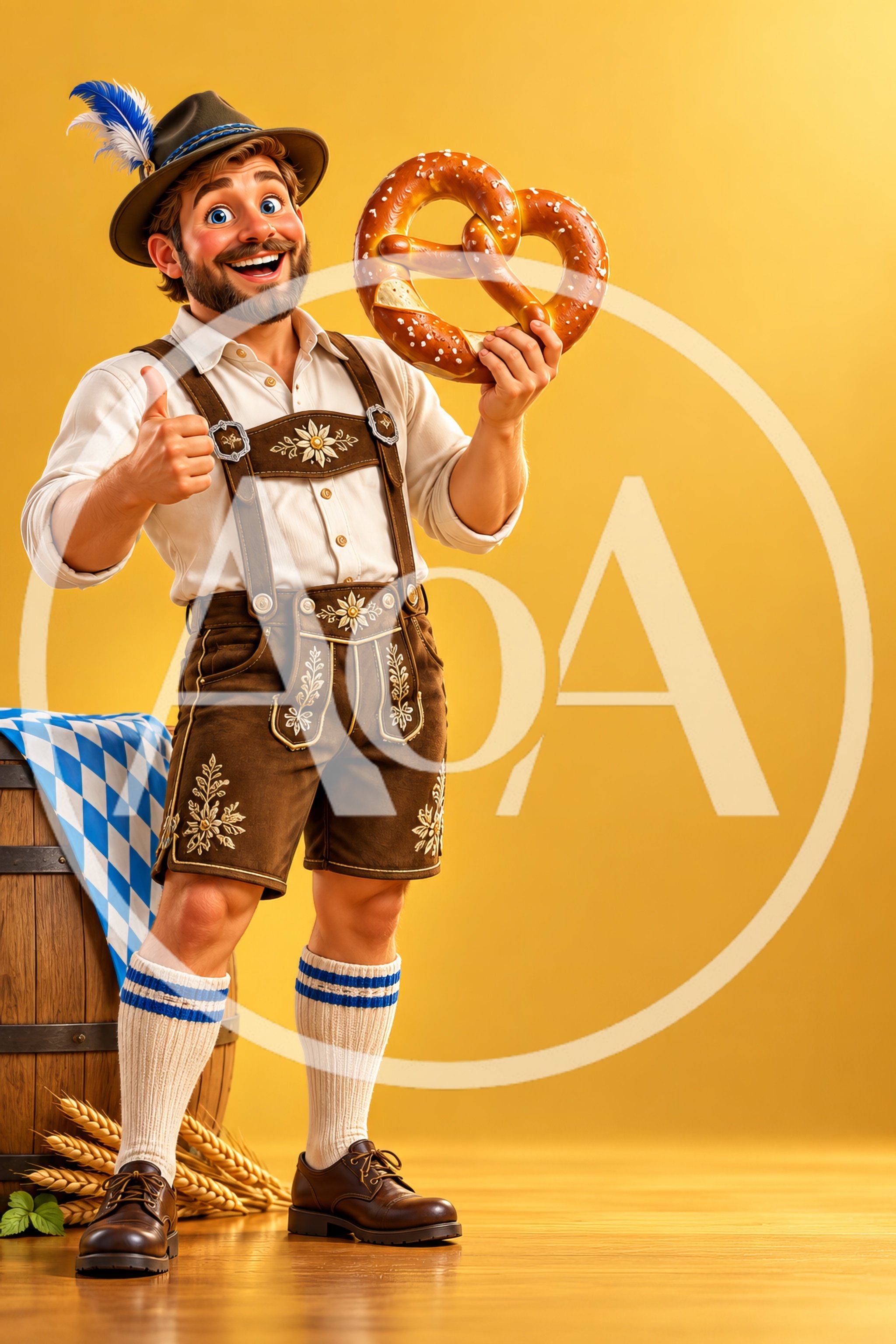 Happy Man in Traditional Bavarian Lederhosen Holding Pretzel