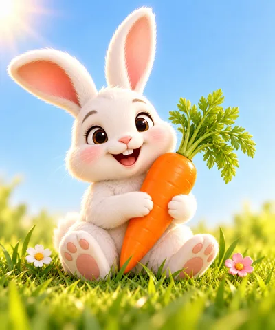 Cute 3D Cartoon Bunny Holding A Fresh Carrot