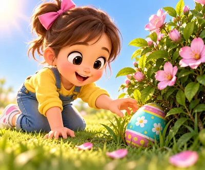 Cute Little Girl Finding Easter Egg In Garden