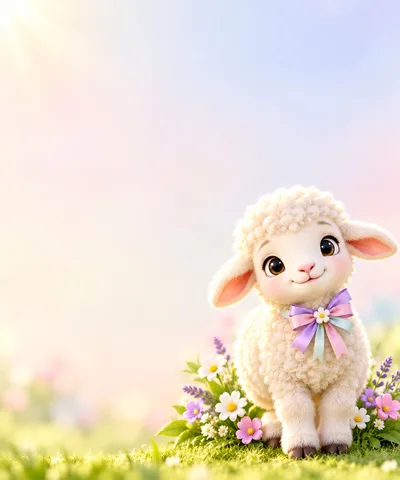 Cute Cartoon Lamb Sitting In A Spring Flower Meadow
