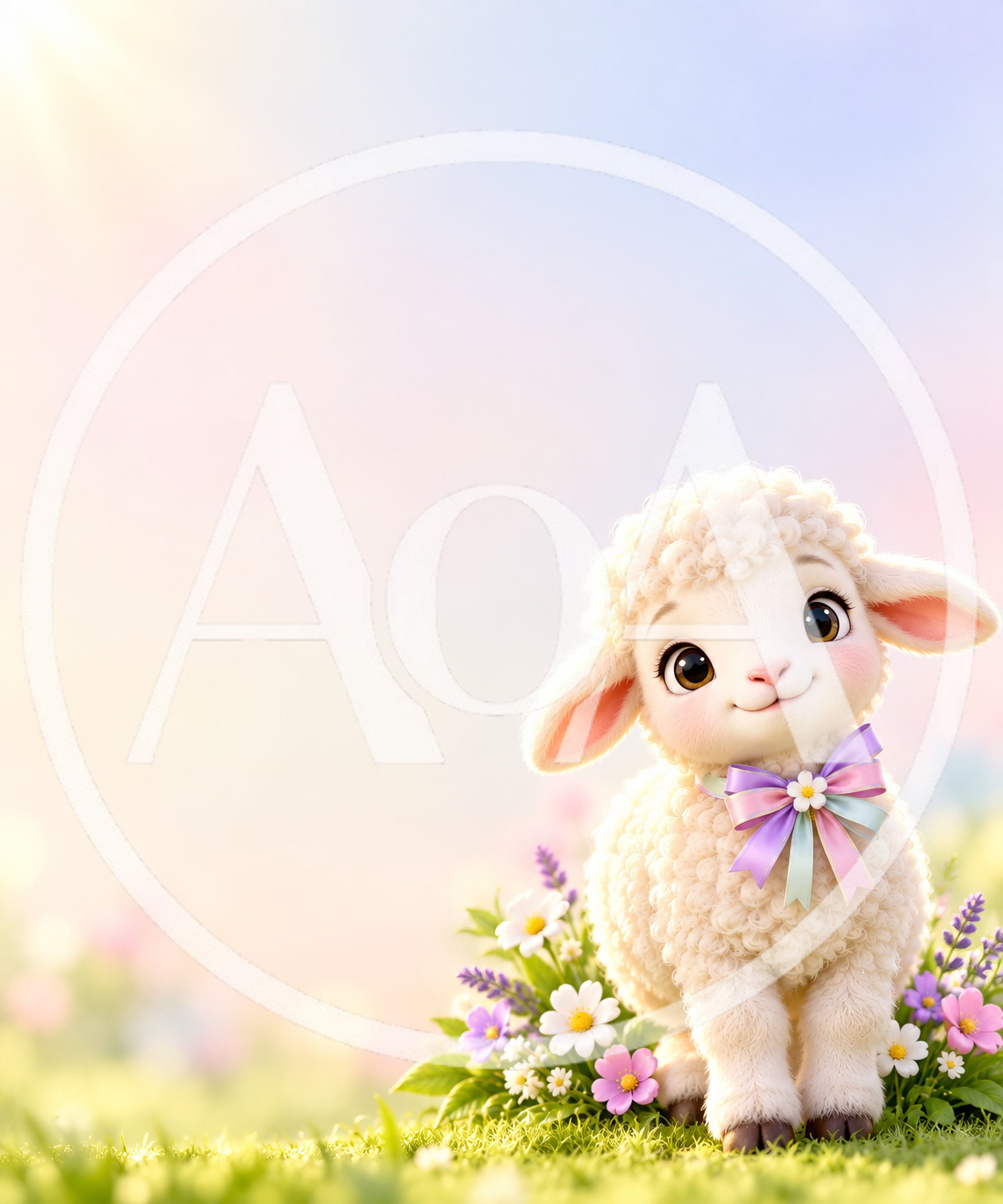 Cute Cartoon Lamb Sitting In A Spring Flower Meadow