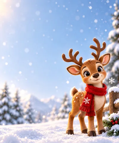 Cute Cartoon Reindeer Wearing A Red Scarf In Winter