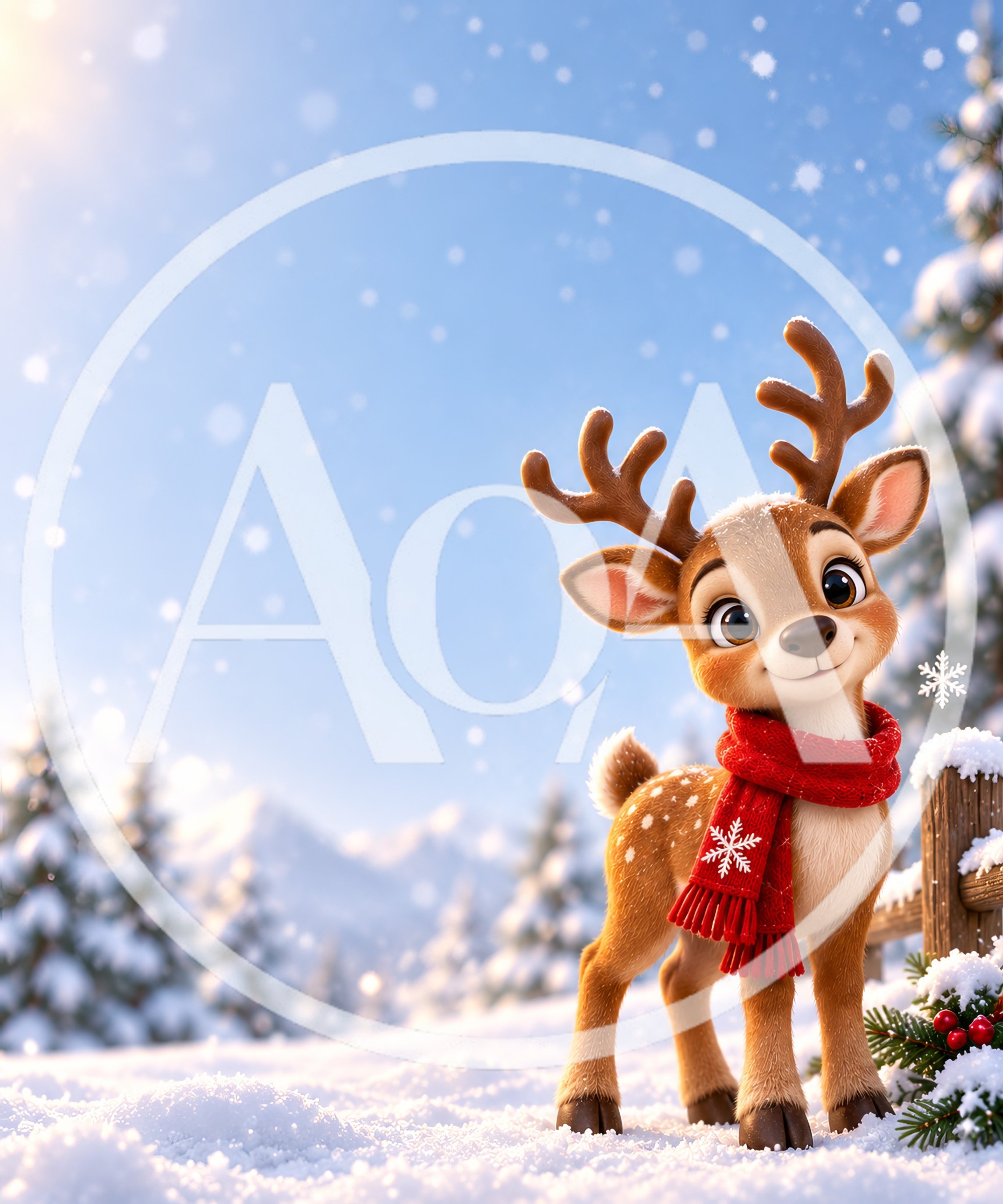 Cute Cartoon Reindeer Wearing A Red Scarf In Winter