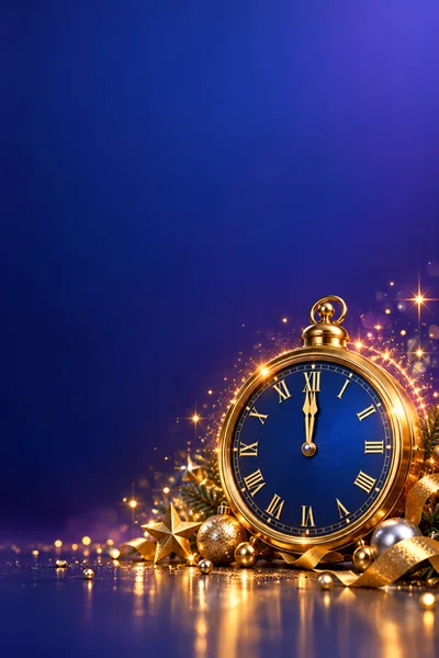 Golden New Year Clock With Festive Decorations