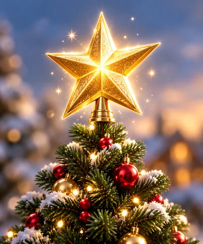 Golden Star Topper On A Snowy Christmas Tree