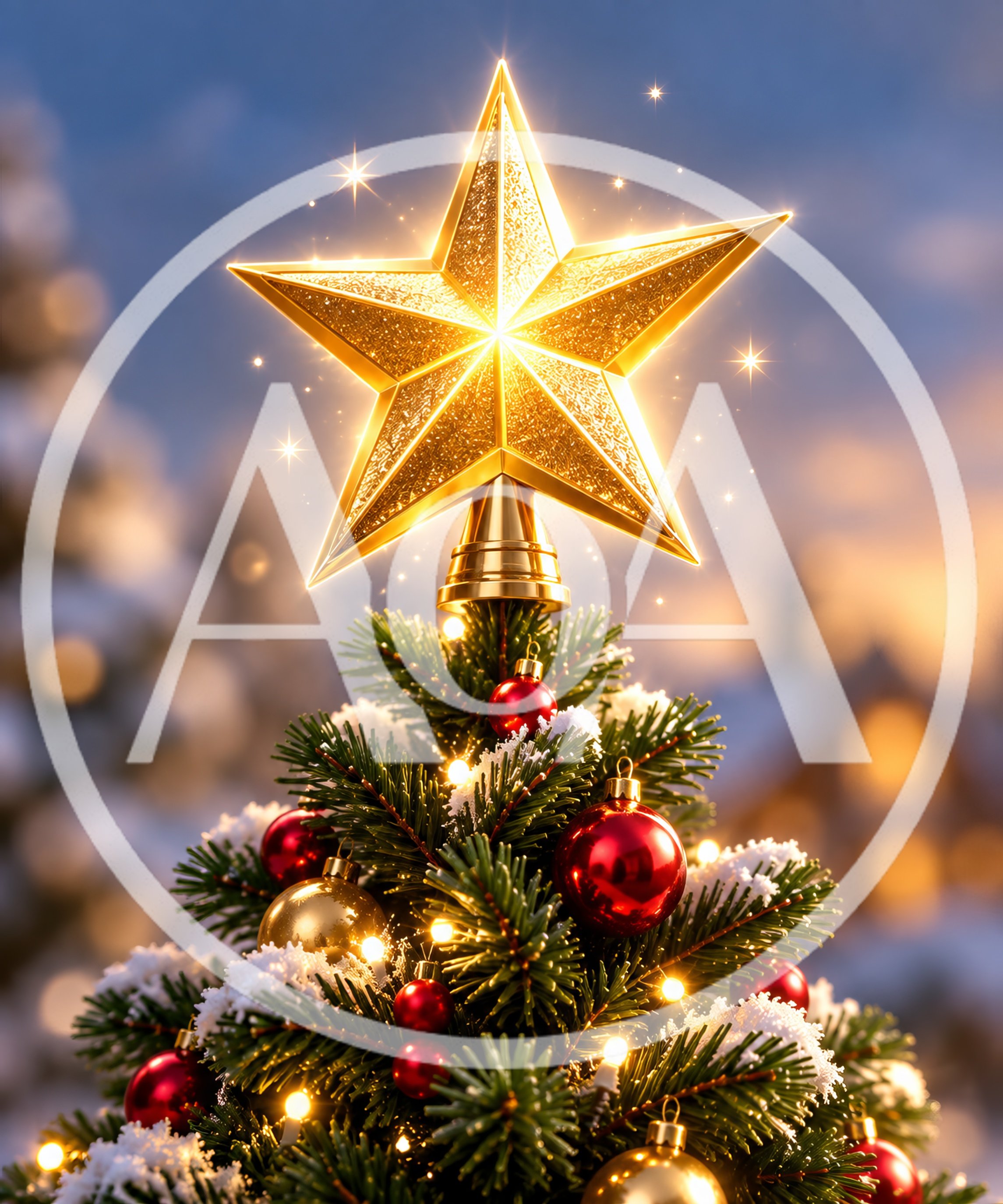 Golden Star Topper On A Snowy Christmas Tree