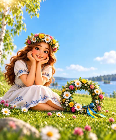 Young Woman With Flower Crown Sitting In Sunny Meadow