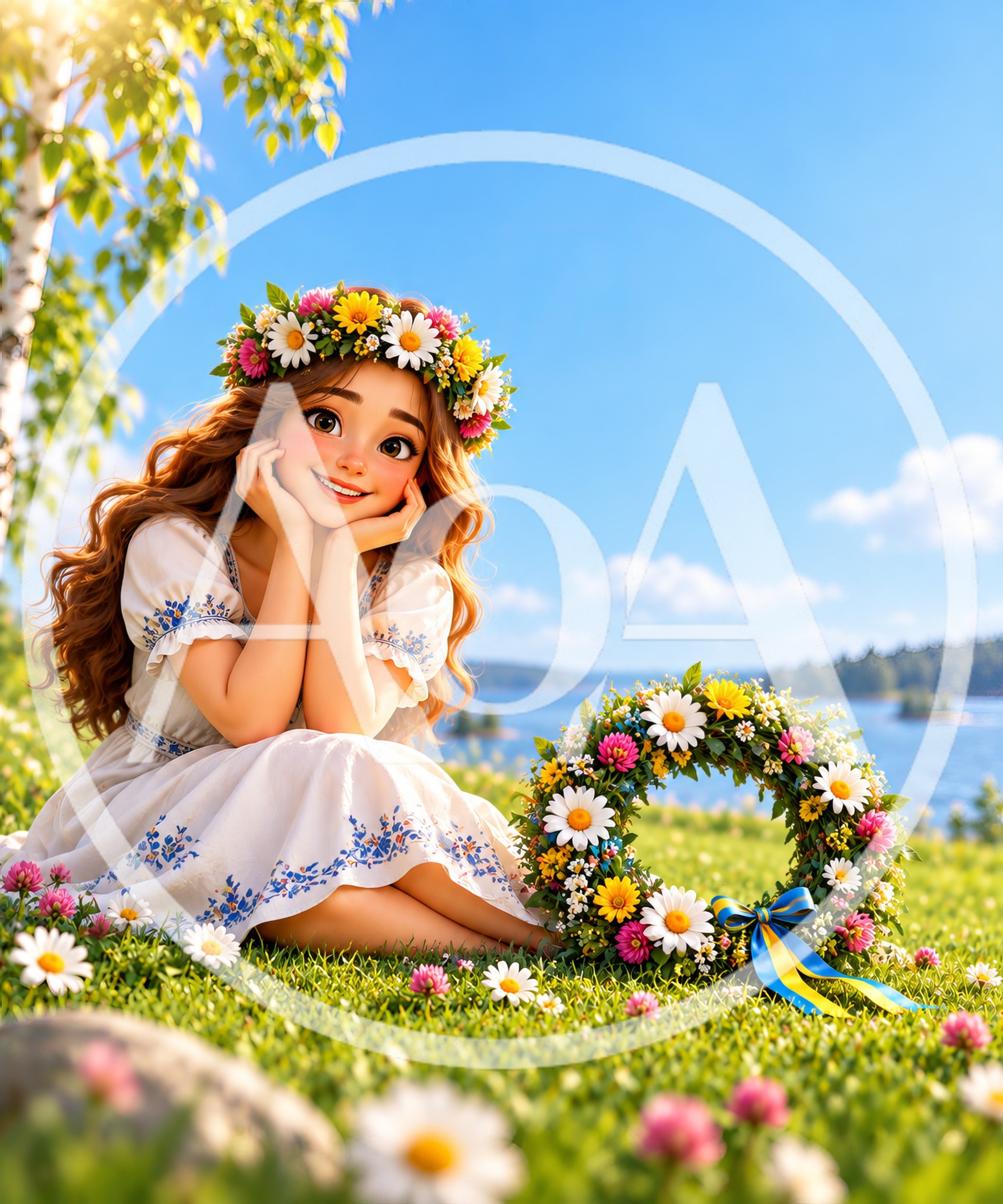 Young Woman With Flower Crown Sitting In Sunny Meadow
