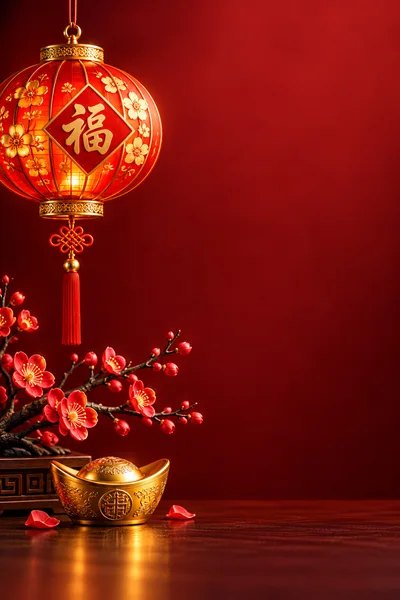 Chinese New Year Lantern With Plum Blossoms And Gold Ingot
