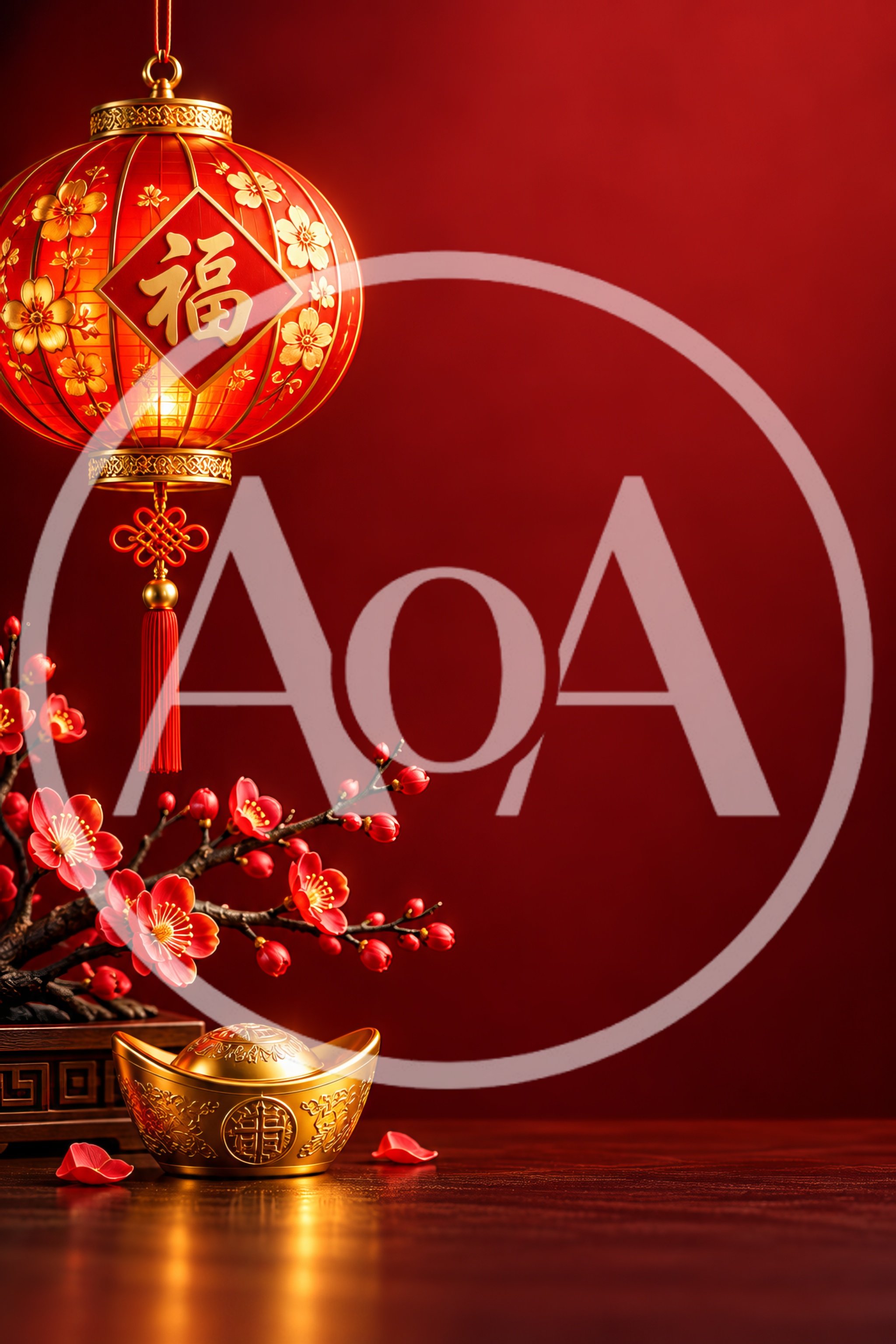 Chinese New Year Lantern With Plum Blossoms And Gold Ingot