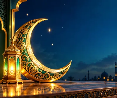 Golden Crescent Moon And Lantern For Ramadan Celebration