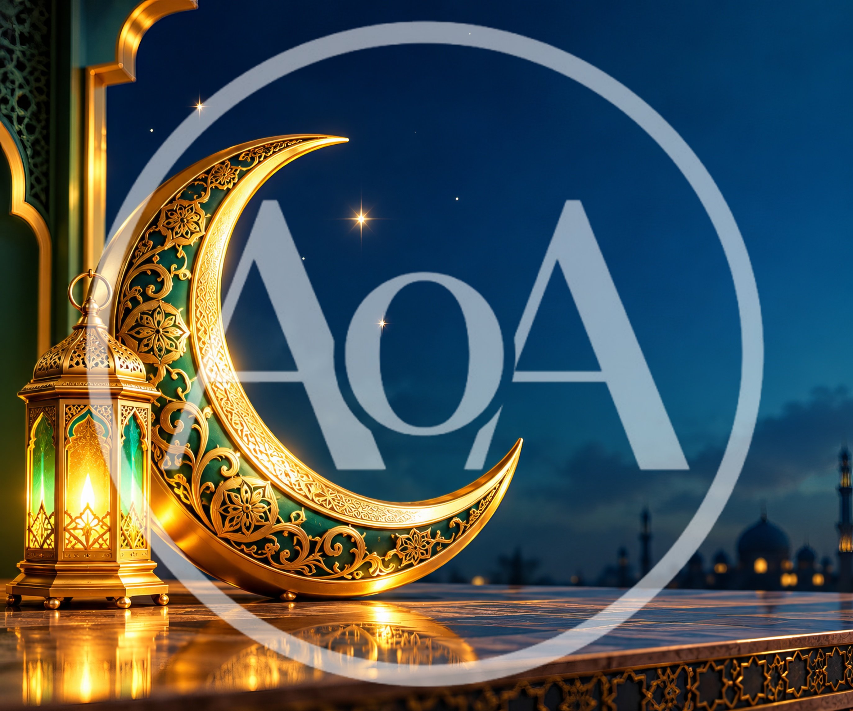 Golden Crescent Moon And Lantern For Ramadan Celebration