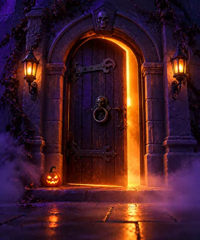 Spooky Halloween Doorway With Glowing Pumpkin And Fog
