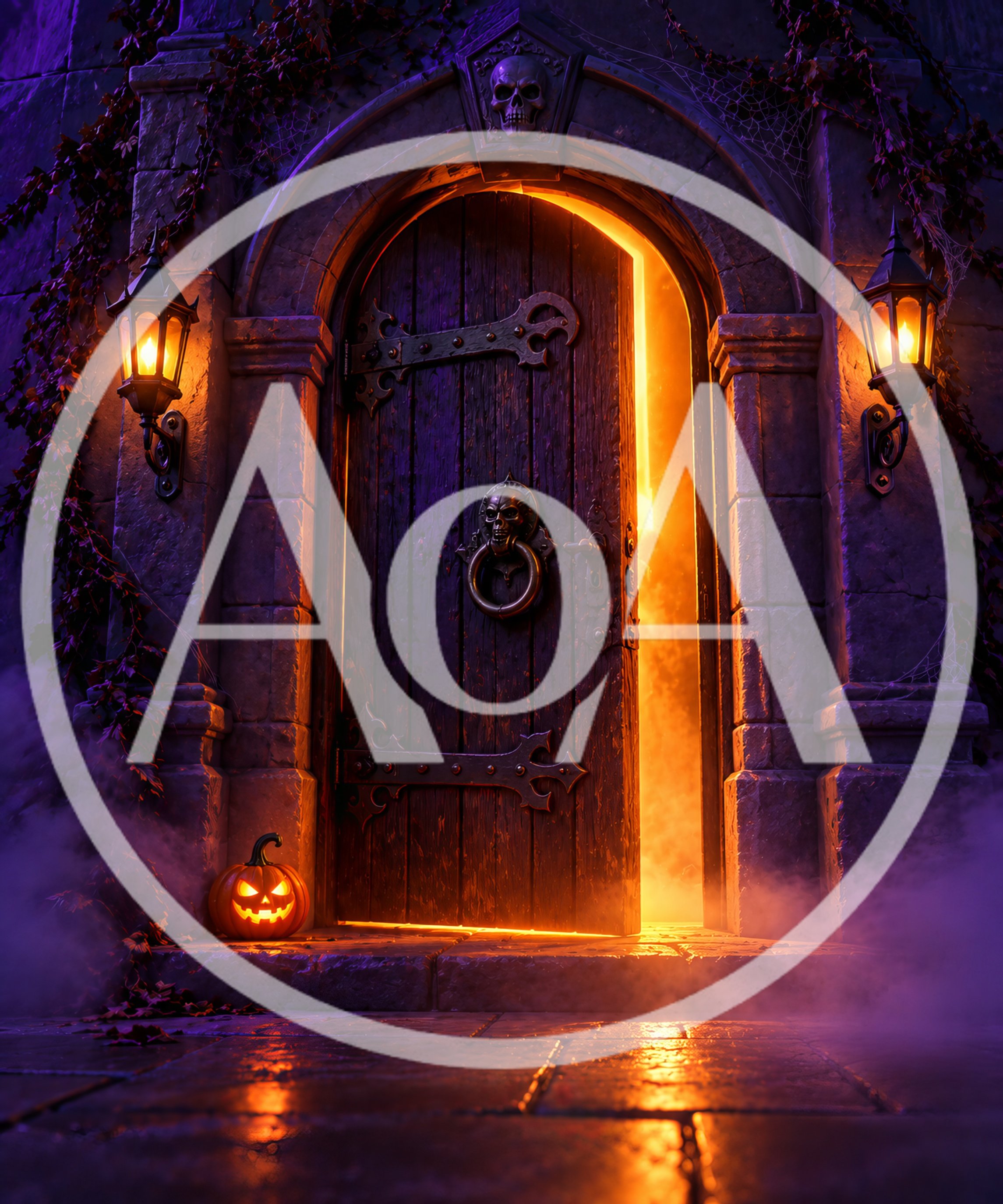 Spooky Halloween Doorway With Glowing Pumpkin And Fog