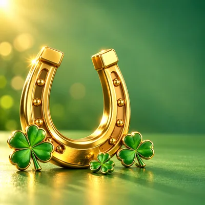Golden Horseshoe With Green Shamrock Clovers