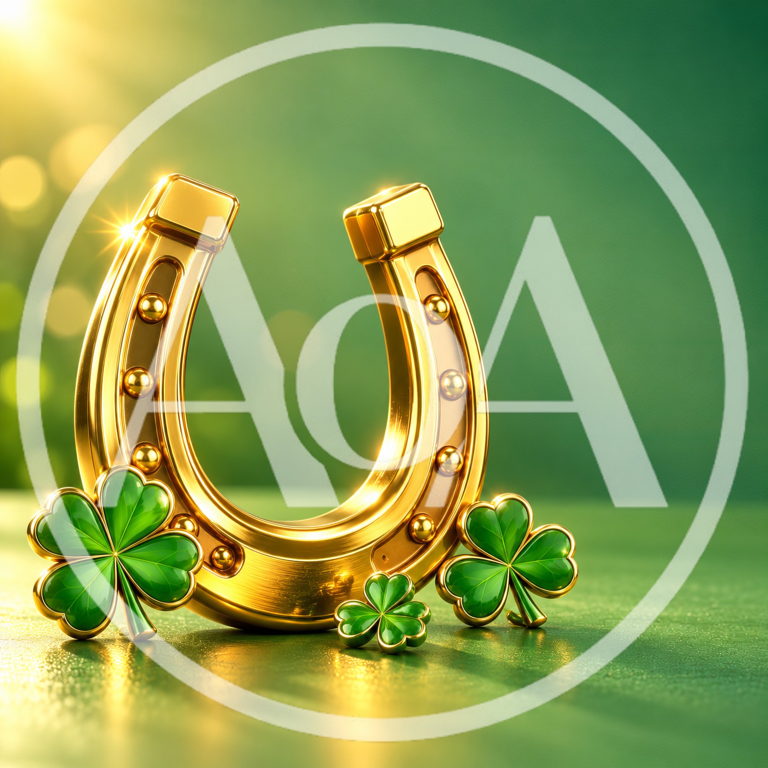 Golden Horseshoe With Green Shamrock Clovers