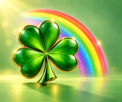 Glossy Three Leaf Clover With Rainbow Background