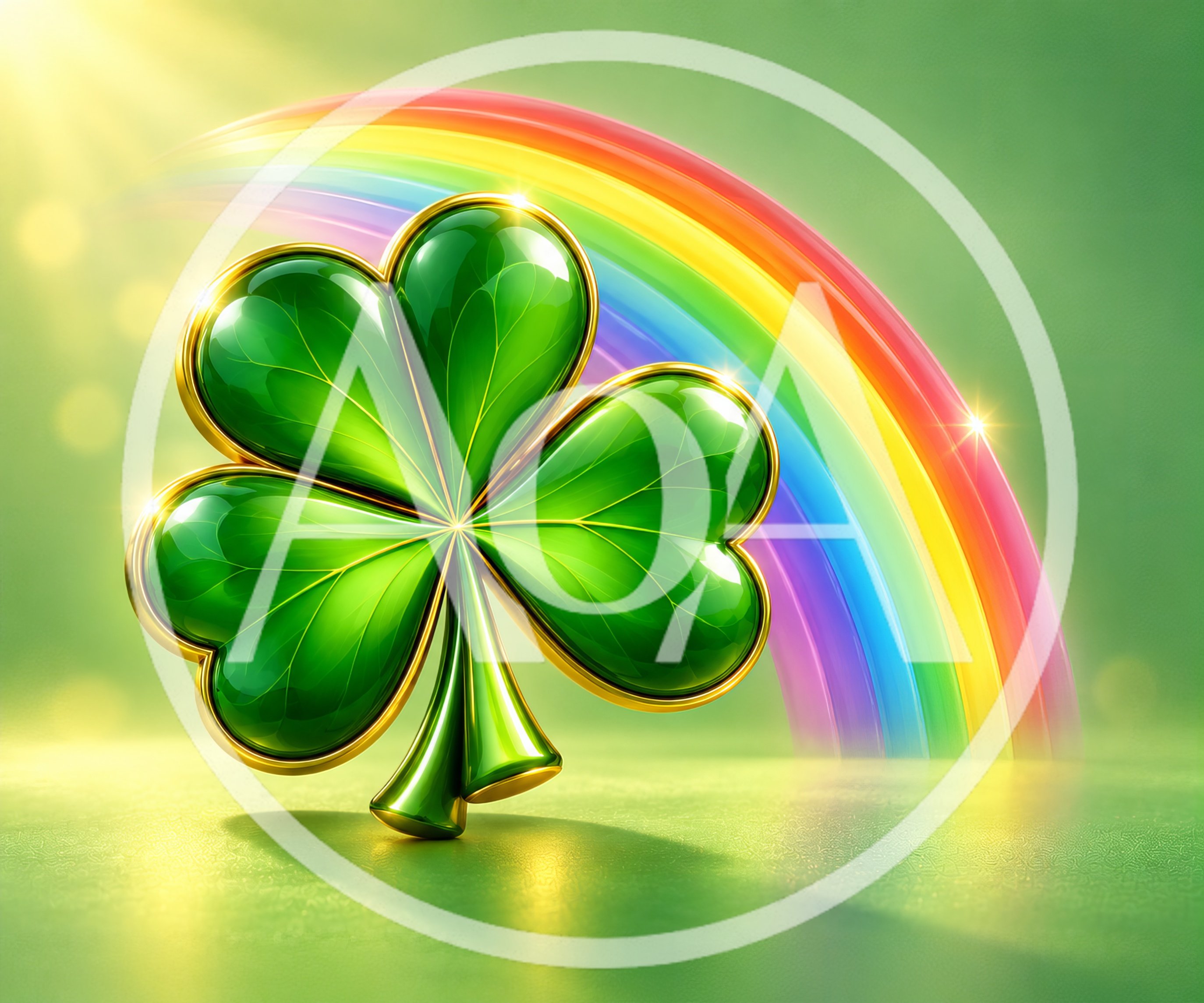 Glossy Three Leaf Clover With Rainbow Background