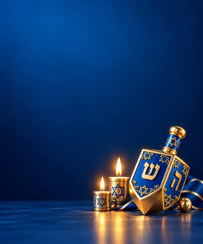 Hanukkah Dreidel and Lit Candles on Blue Background