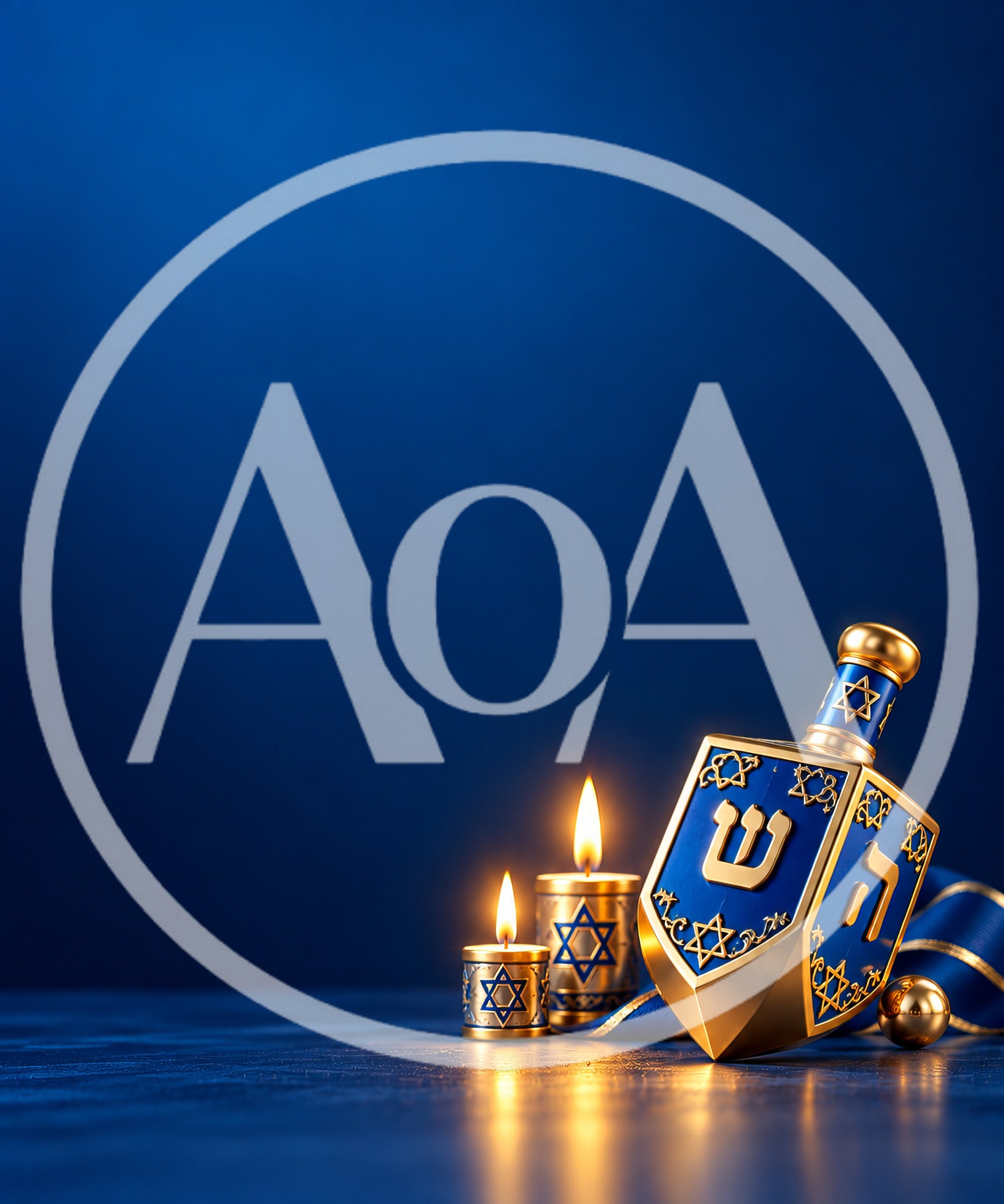 Hanukkah Dreidel and Lit Candles on Blue Background