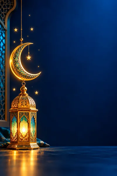 Golden Ramadan Lantern With Crescent Moon And Stars