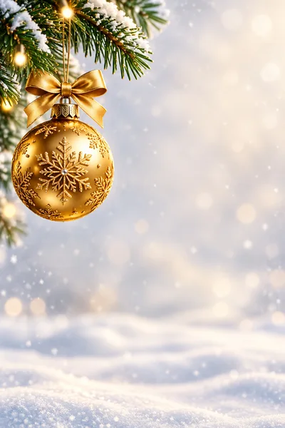 Golden Christmas Ornament Hanging on Snowy Pine Branch