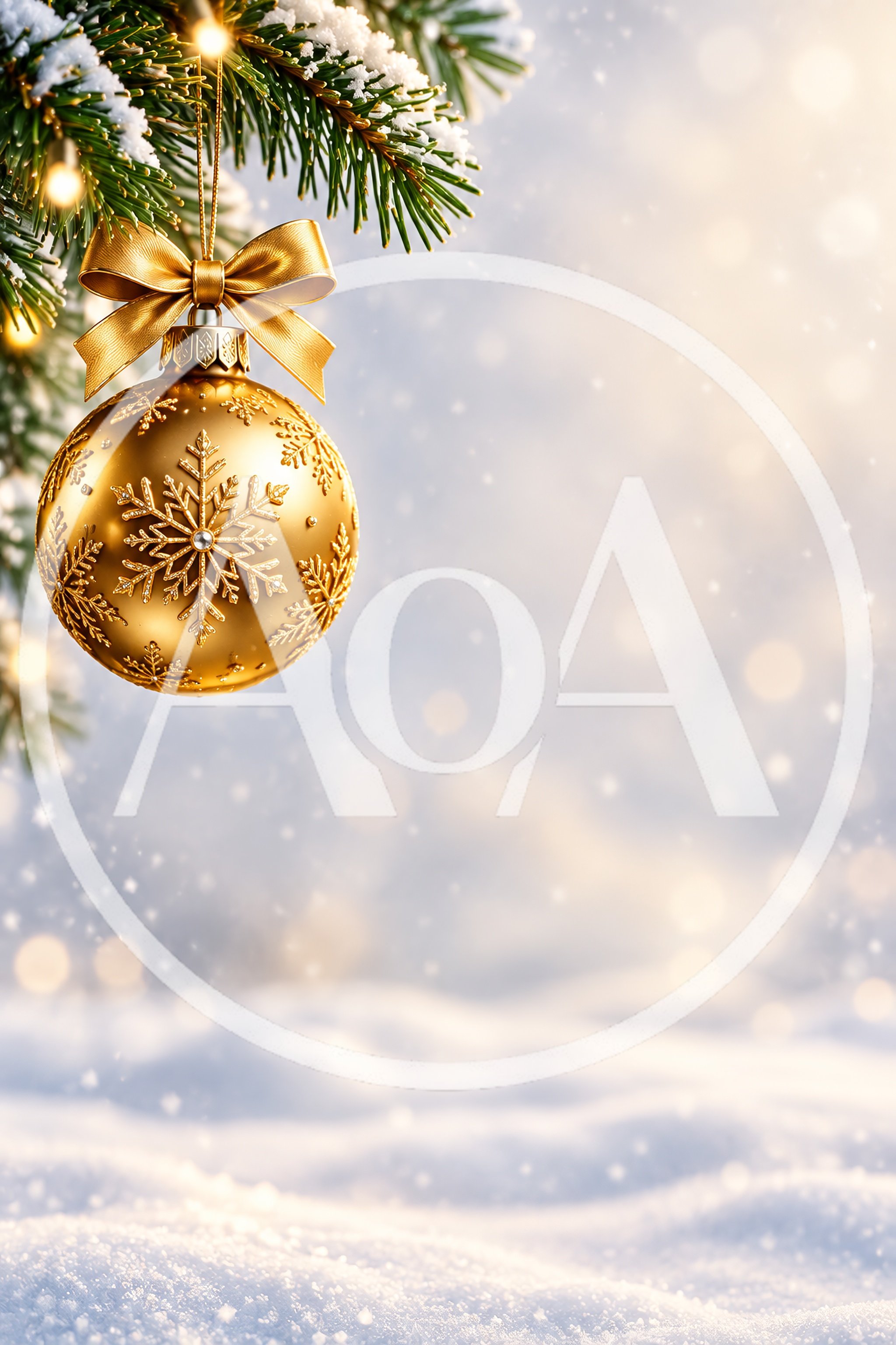 Golden Christmas Ornament Hanging on Snowy Pine Branch