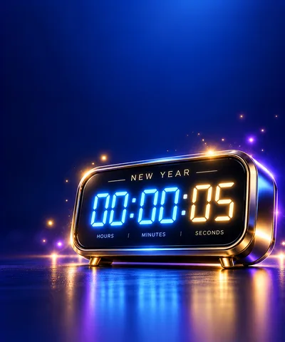 Digital New Year Countdown Clock On Reflective Surface