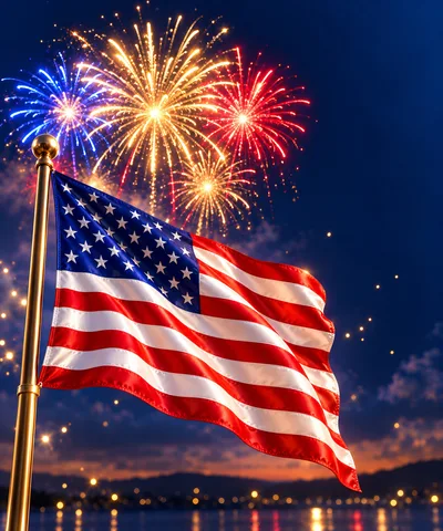American Flag Waving Against Fireworks Display