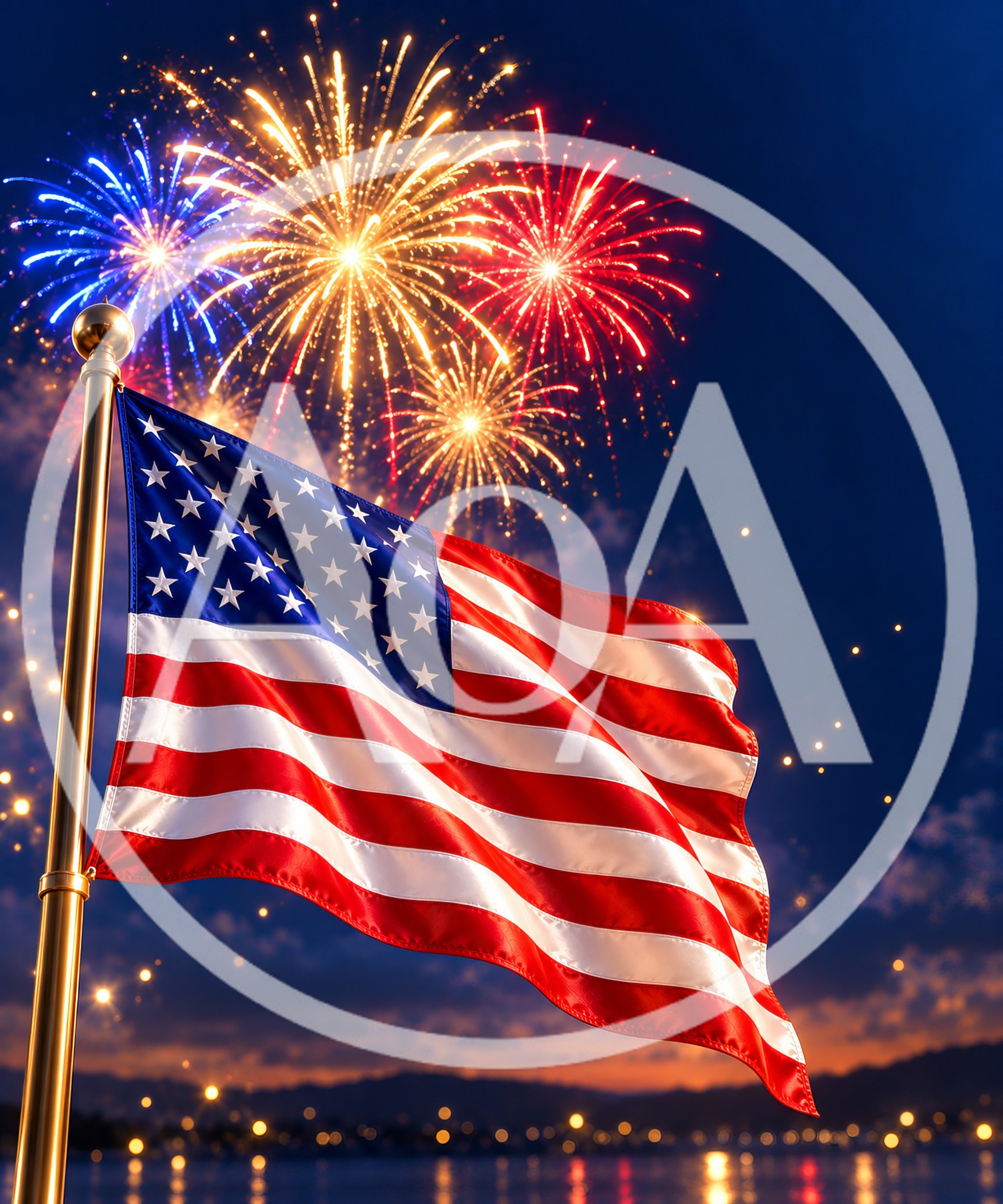 American Flag Waving Against Fireworks Display