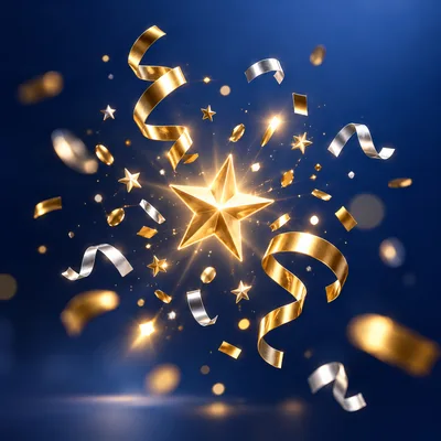 Golden Star With Confetti And Ribbons On Blue Background