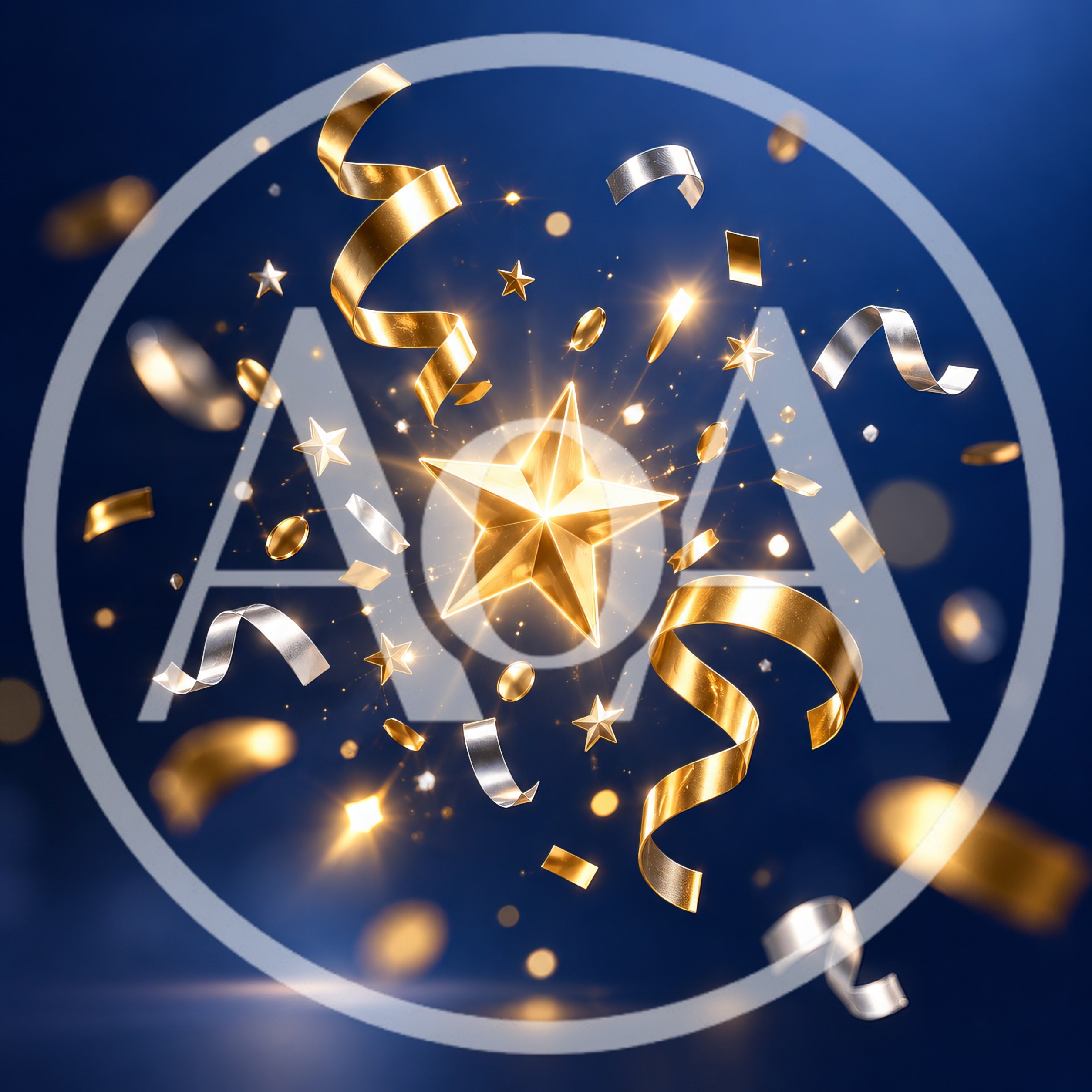 Golden Star With Confetti And Ribbons On Blue Background