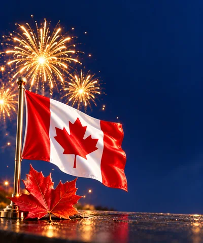 Canadian Flag With Maple Leaf And Fireworks Celebration