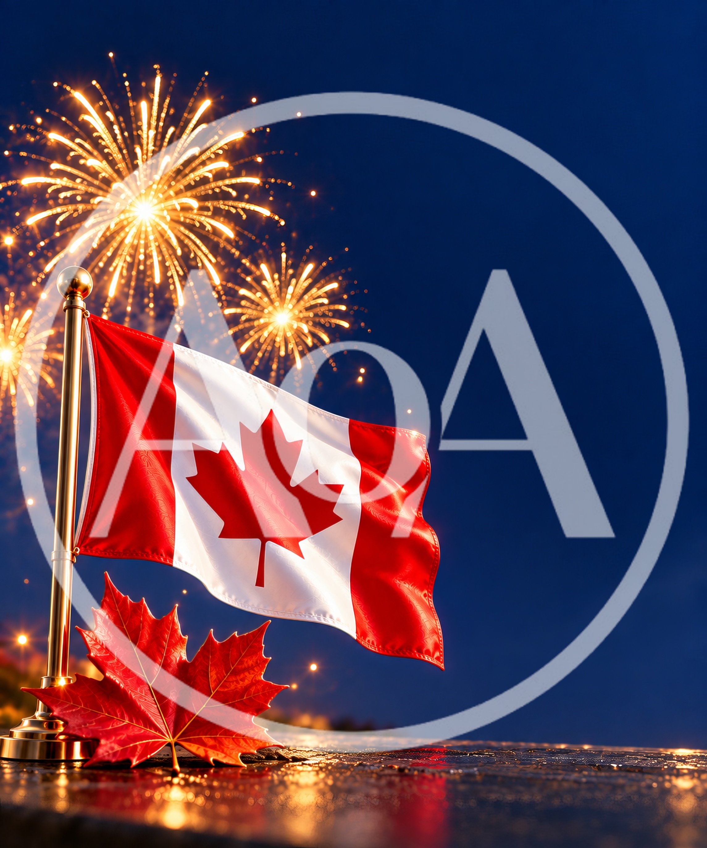 Canadian Flag With Maple Leaf And Fireworks Celebration