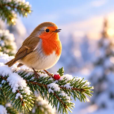 European Robin Perched On A Snowy Pine Branch
