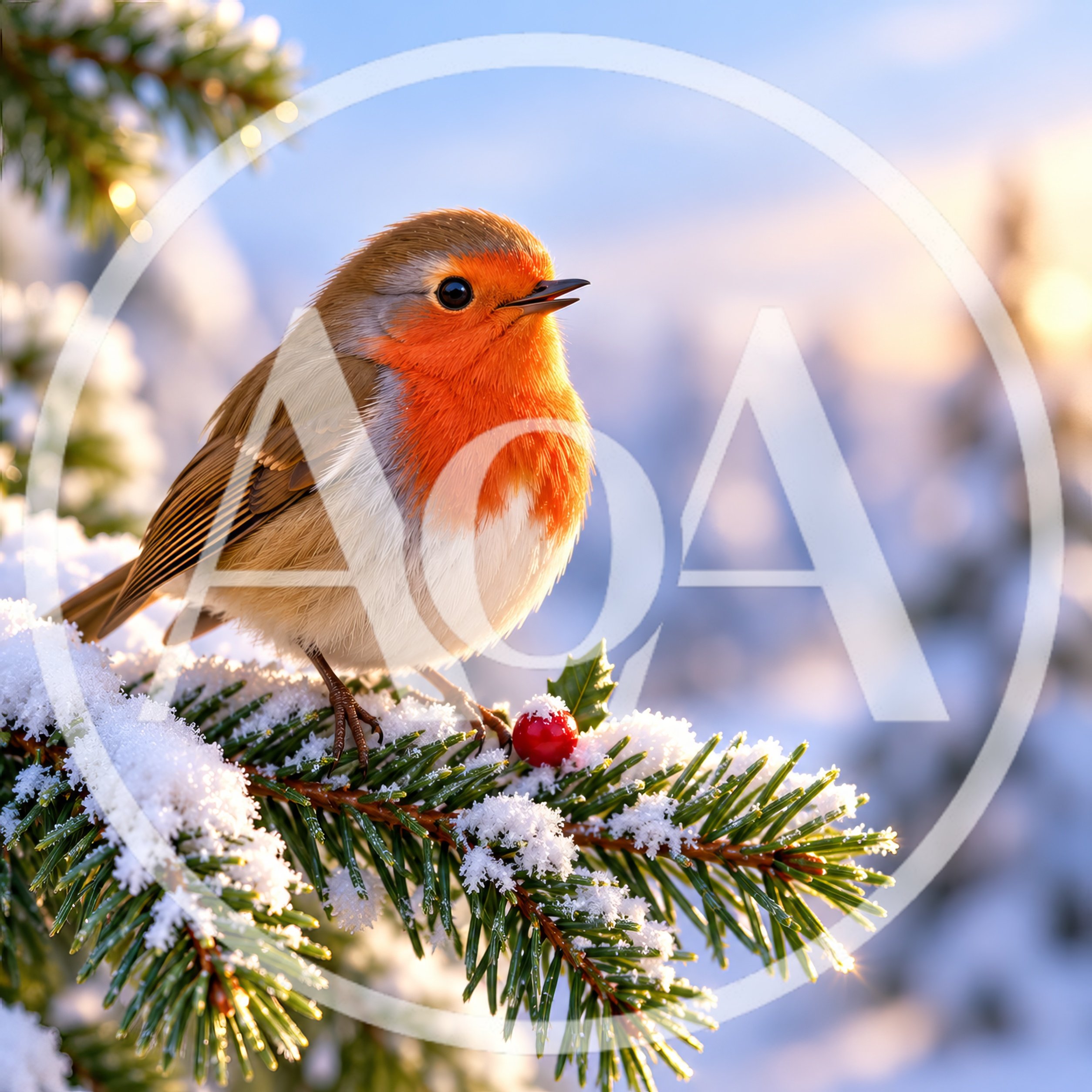 European Robin Perched On A Snowy Pine Branch
