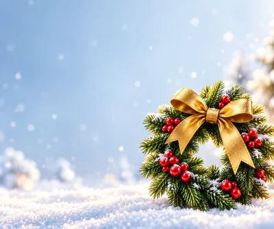 Christmas Wreath With Gold Bow On Snowy Ground