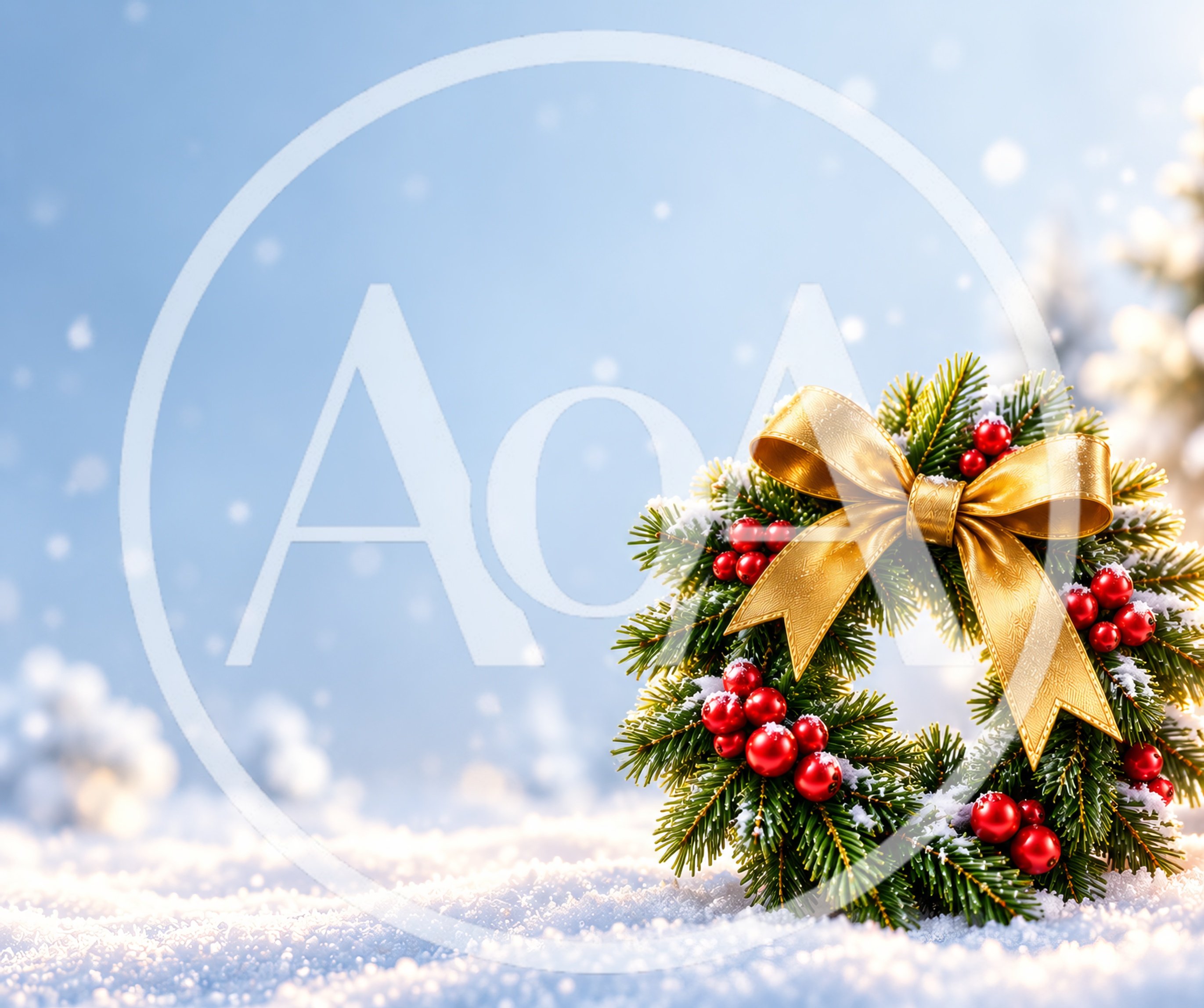 Christmas Wreath With Gold Bow On Snowy Ground