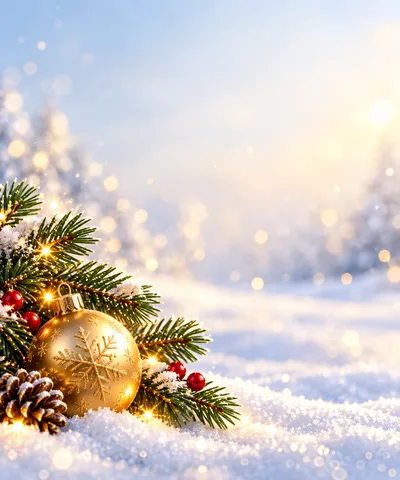 Golden Christmas Ornament With Pine Branches In Snow