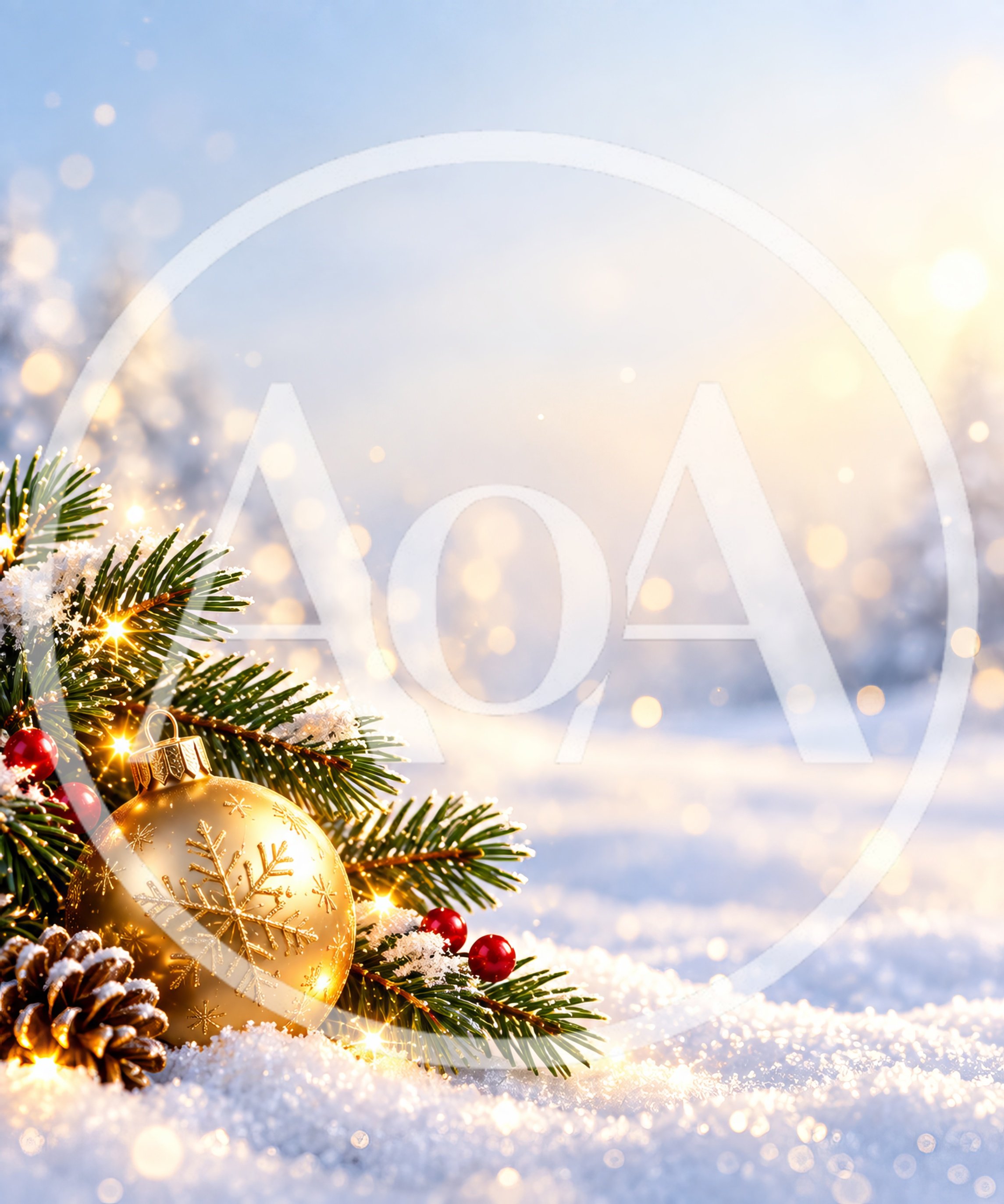 Golden Christmas Ornament With Pine Branches In Snow