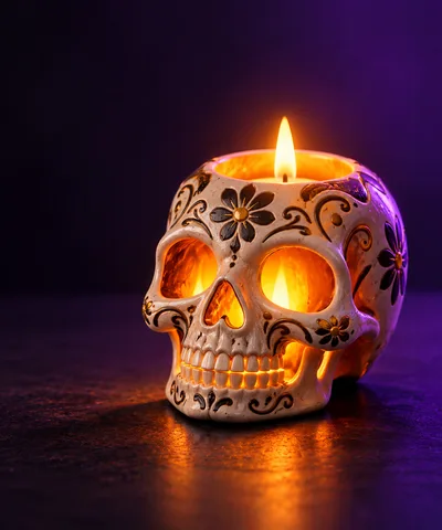Decorative Sugar Skull Candle Holder With Glowing Flame