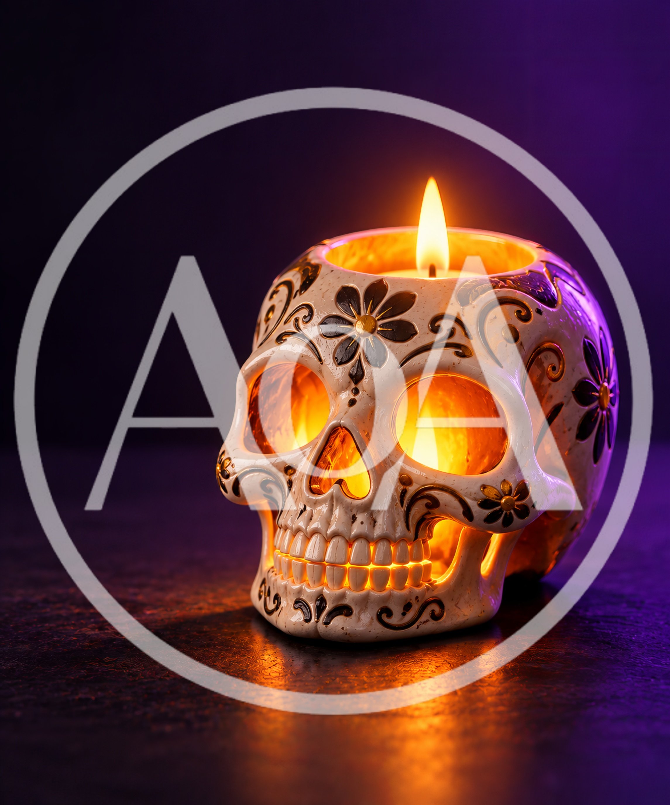 Decorative Sugar Skull Candle Holder With Glowing Flame