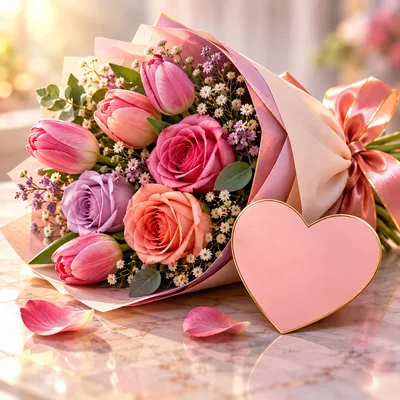 Beautiful Bouquet of Roses and Tulips with Heart Card