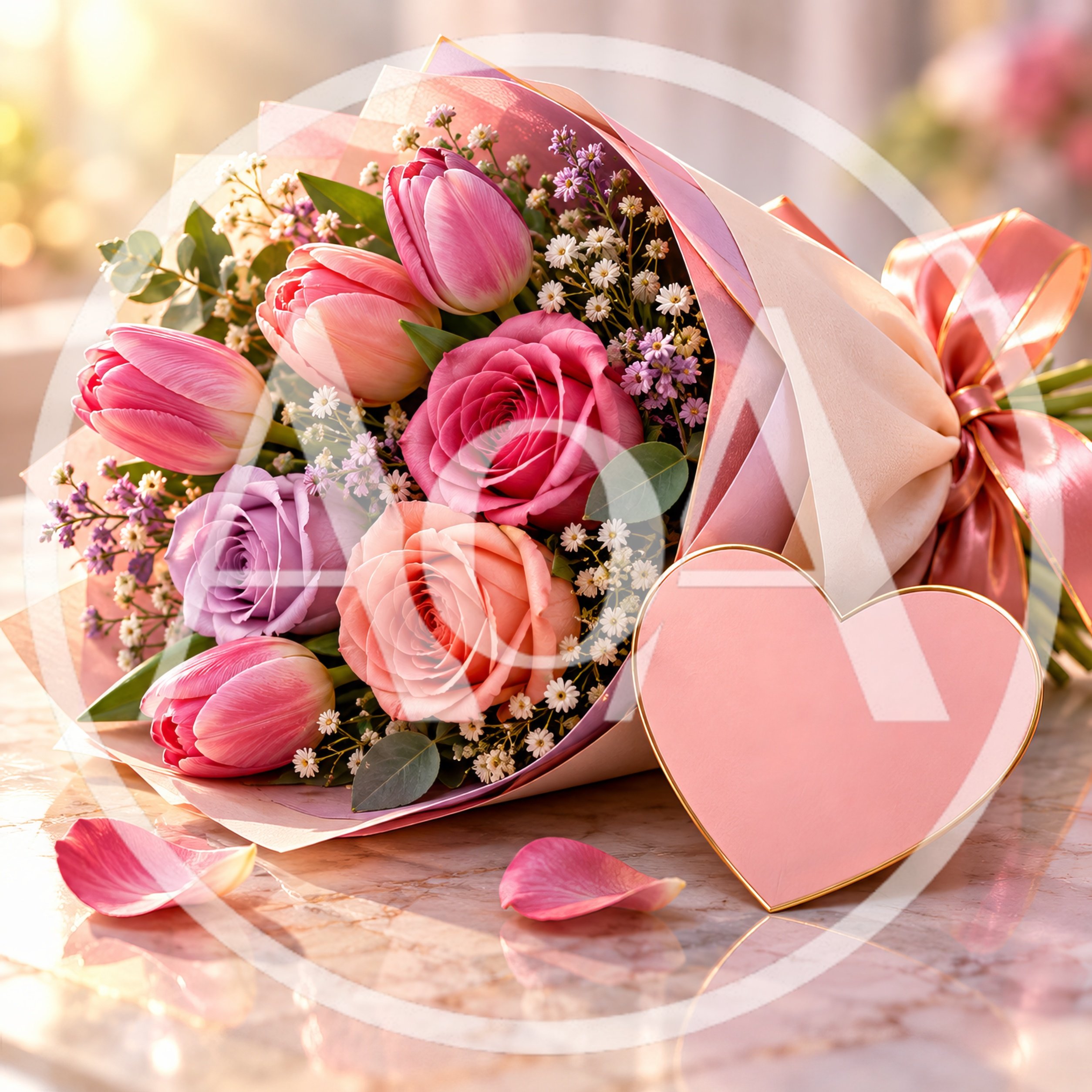 Beautiful Bouquet of Roses and Tulips with Heart Card