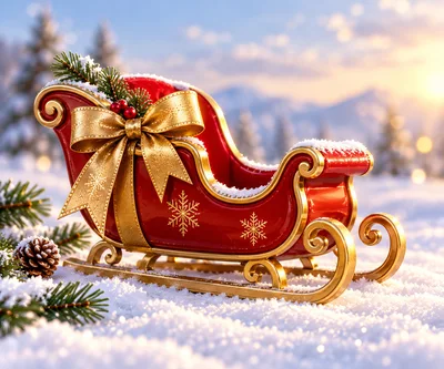 Decorative Red Christmas Sleigh In Snowy Landscape