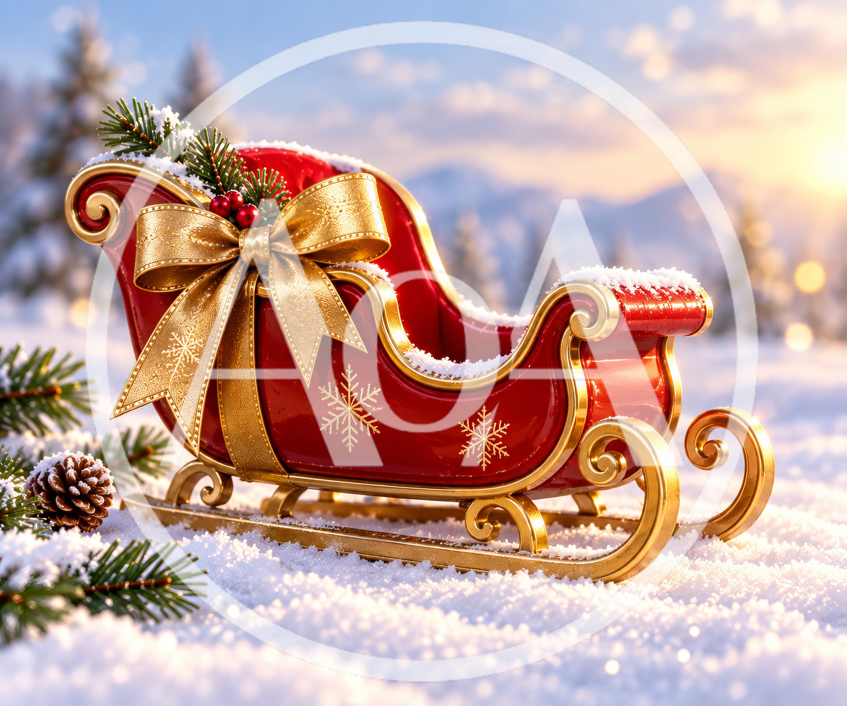 Decorative Red Christmas Sleigh In Snowy Landscape